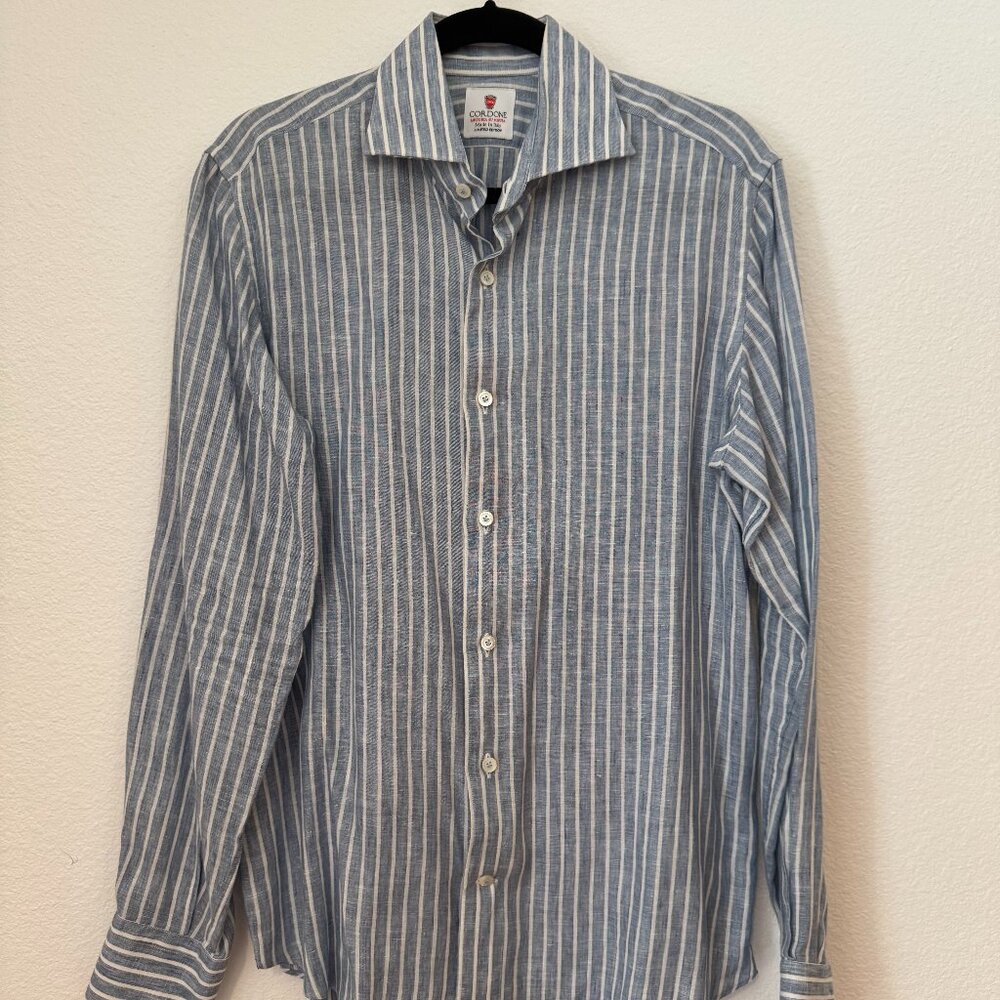 Cordone Italian Blue Linen Pinstripe Button Down | Limited Edition